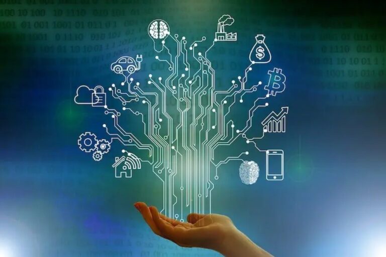 Representación del crecimiento de la inteligencia artificial en sectores clave de Chile como salud, fintech, energía, transporte y educación, impulsado por la inversión pública y privada